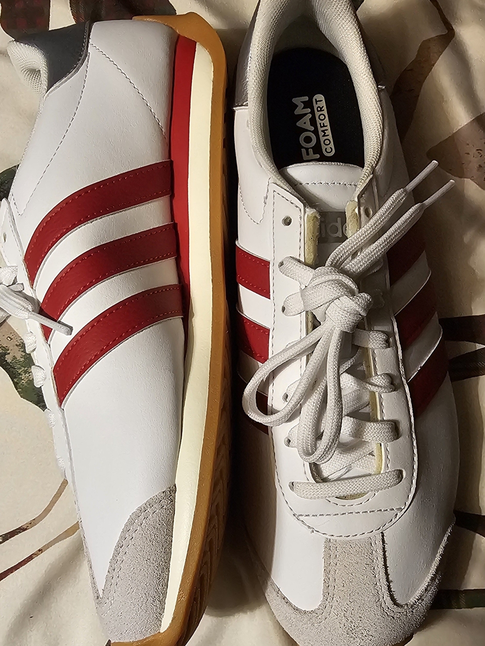 adidas White Sneakers with Red Stripes and Gum Outsole